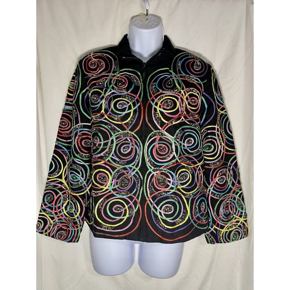 Vtg Blutique Beaded Spiral Jacket M Black Colorful Ribbon Embroidered Art